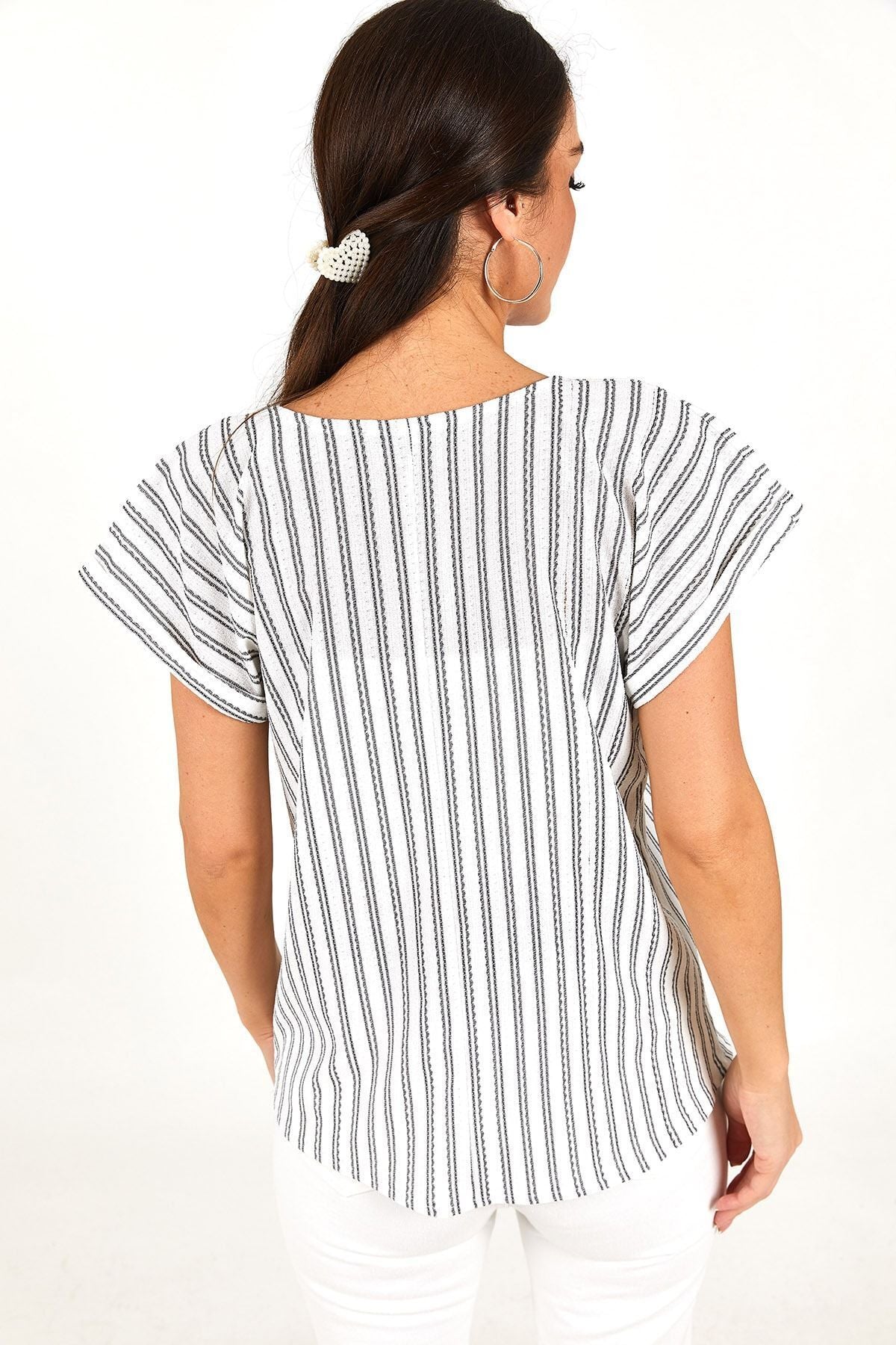 Women's White V-Neck Short Sleeve Blouse ARM-22Y001074