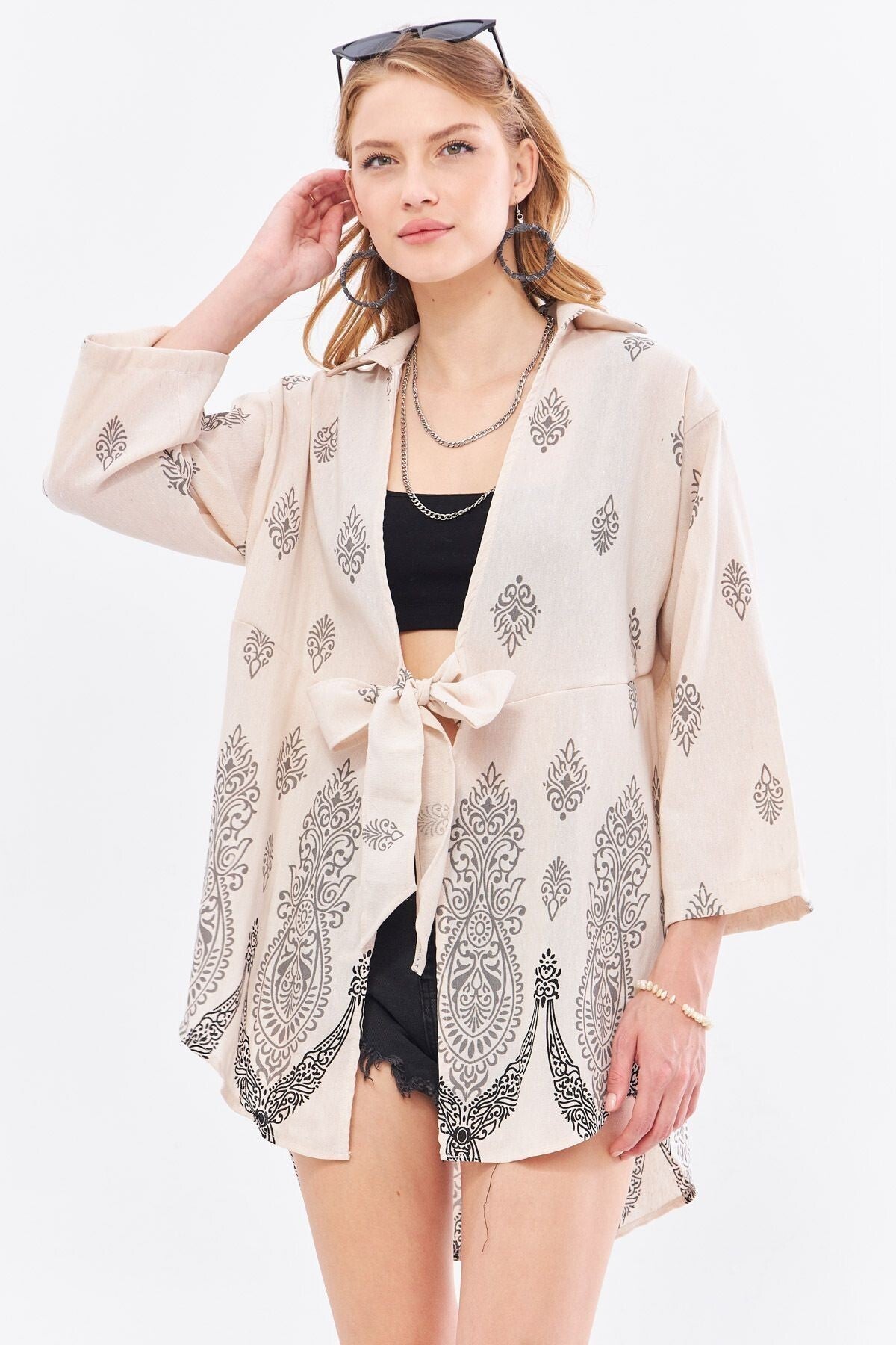 Women's Gray Patterned Linen Look Skirt with Watery Front Tie Kimono Shirt ARM-24Y001092