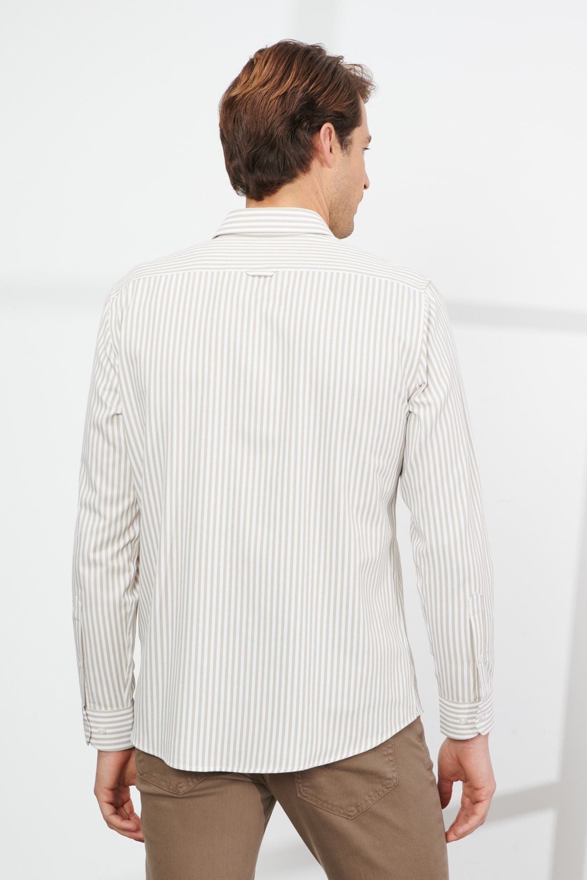 Men's white-bej slim fit narrow cut small Italian collar cotton striped shirt