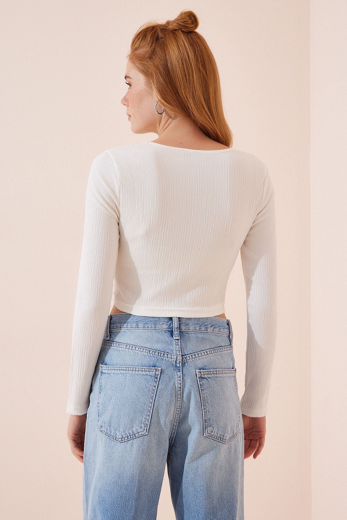 Woman White Bright Stone Crop knitted blouse DD01165