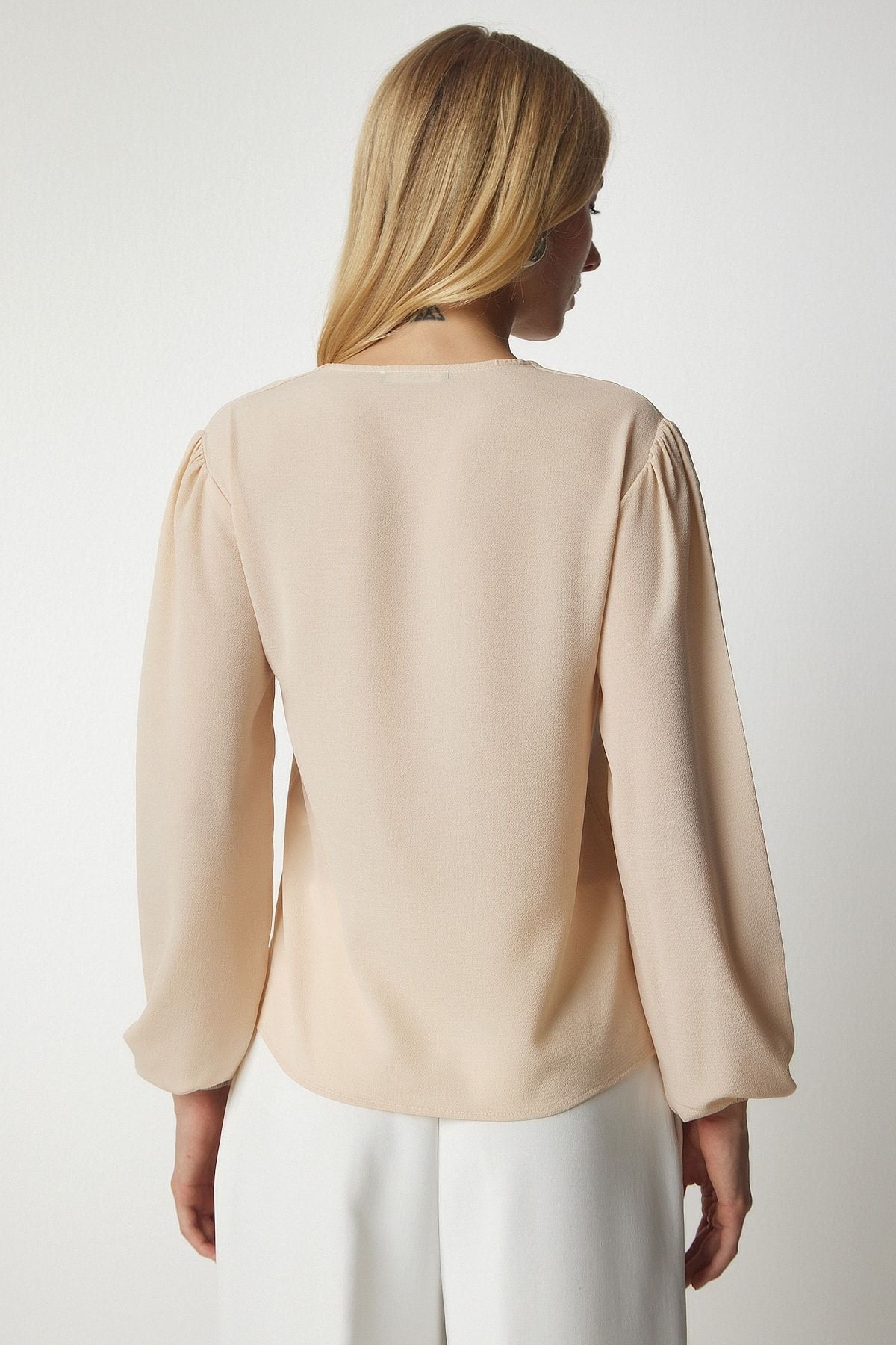 Female Beige V -Neck Crepe Blouse UB00153