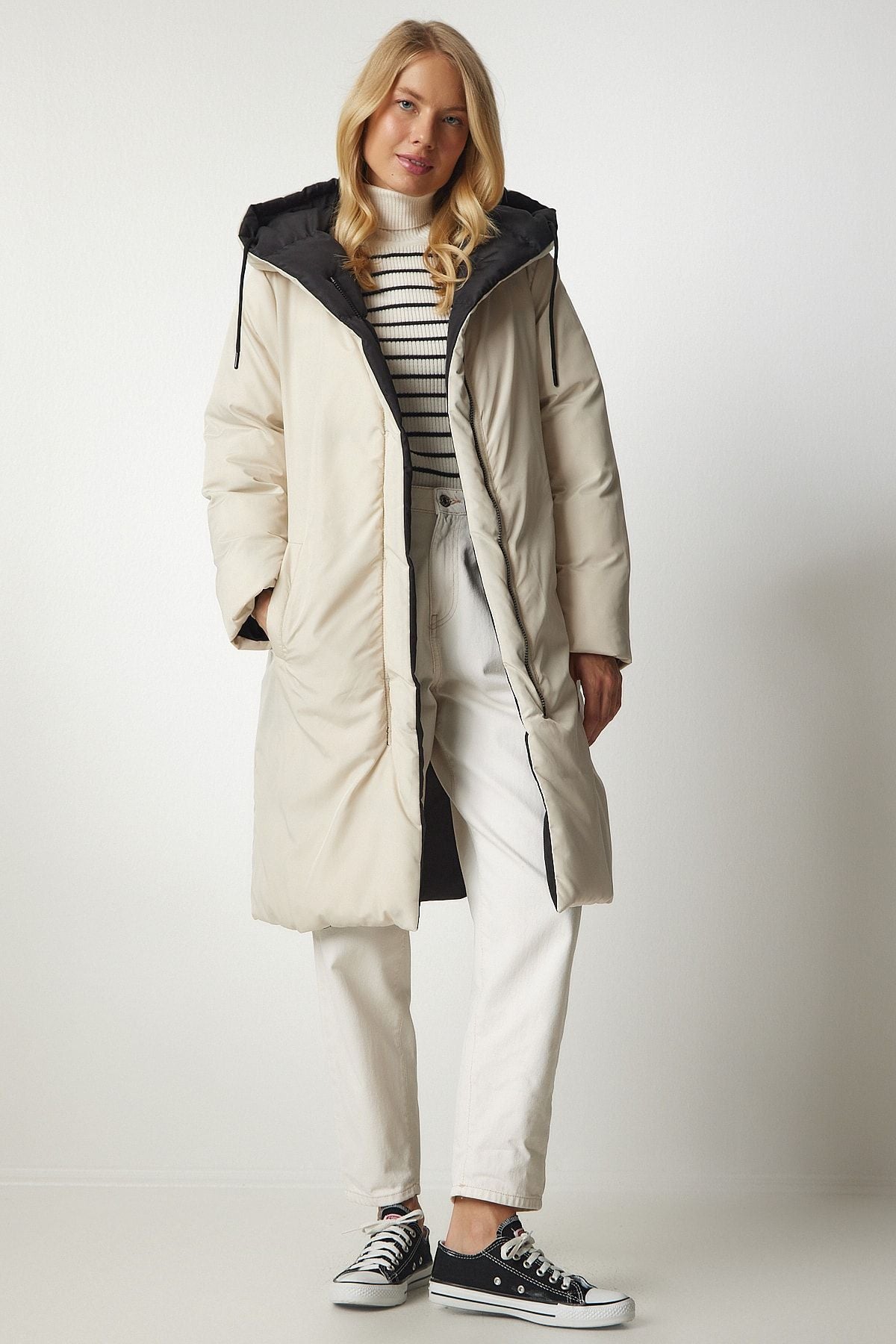 Female Black Cream Hooded Swelling Coat VP00005