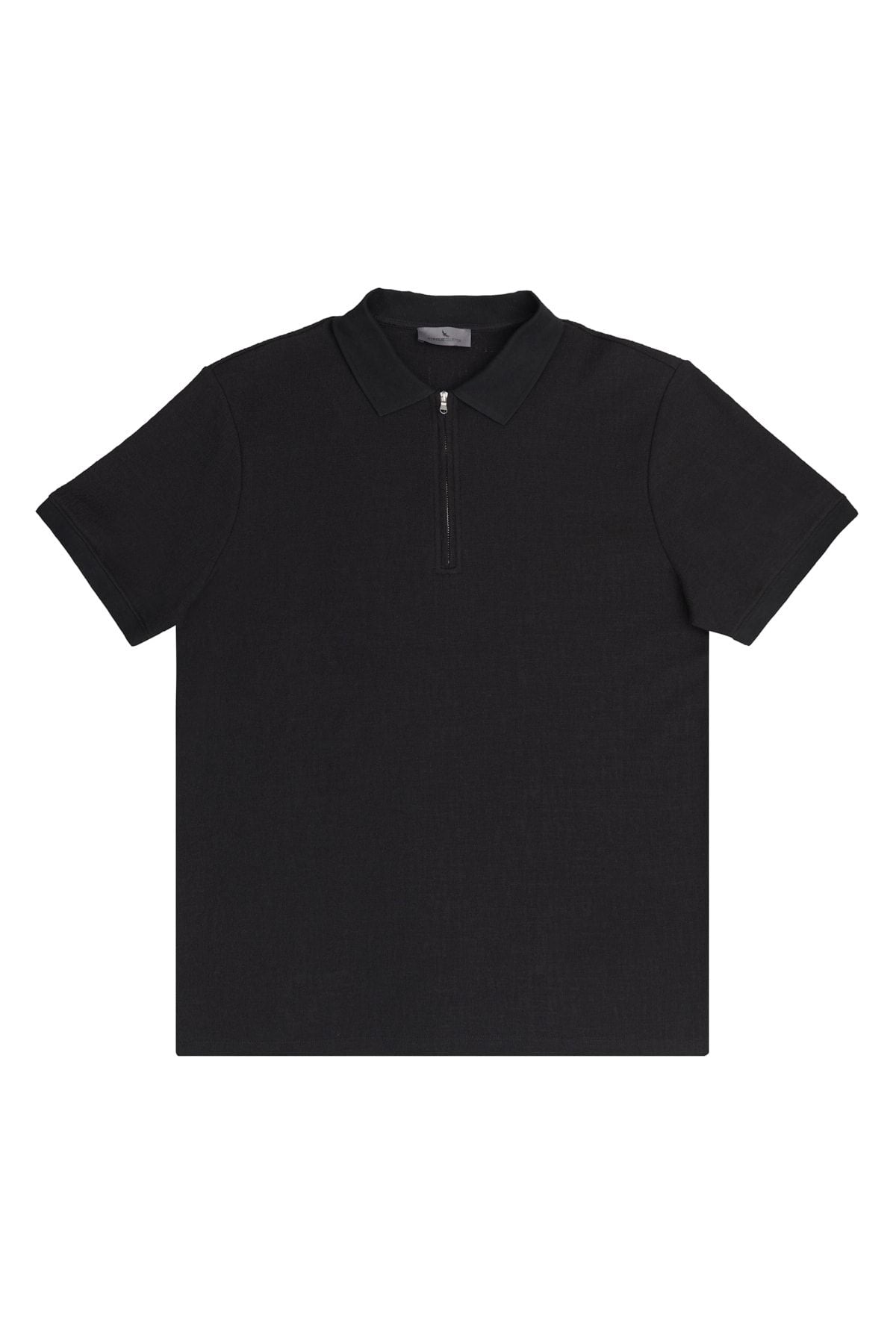 Men's black slim fit narrow cut zipper Polo collar textured fabric short sleeve t -shirt