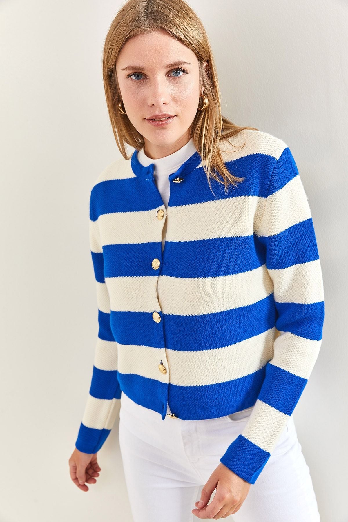 Women's metal button thick striped knitwear cardigan