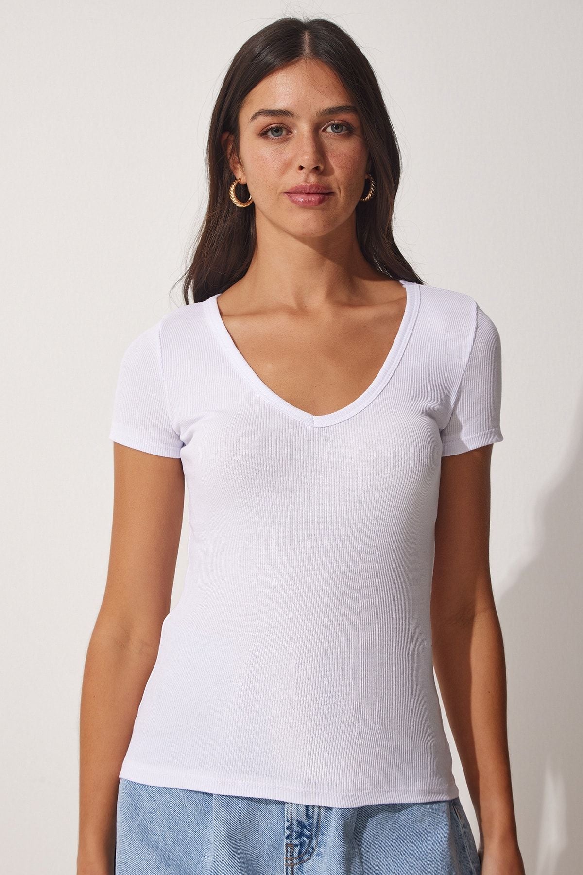 Woman White V-Neck Knitting T-Shirt HJ00001