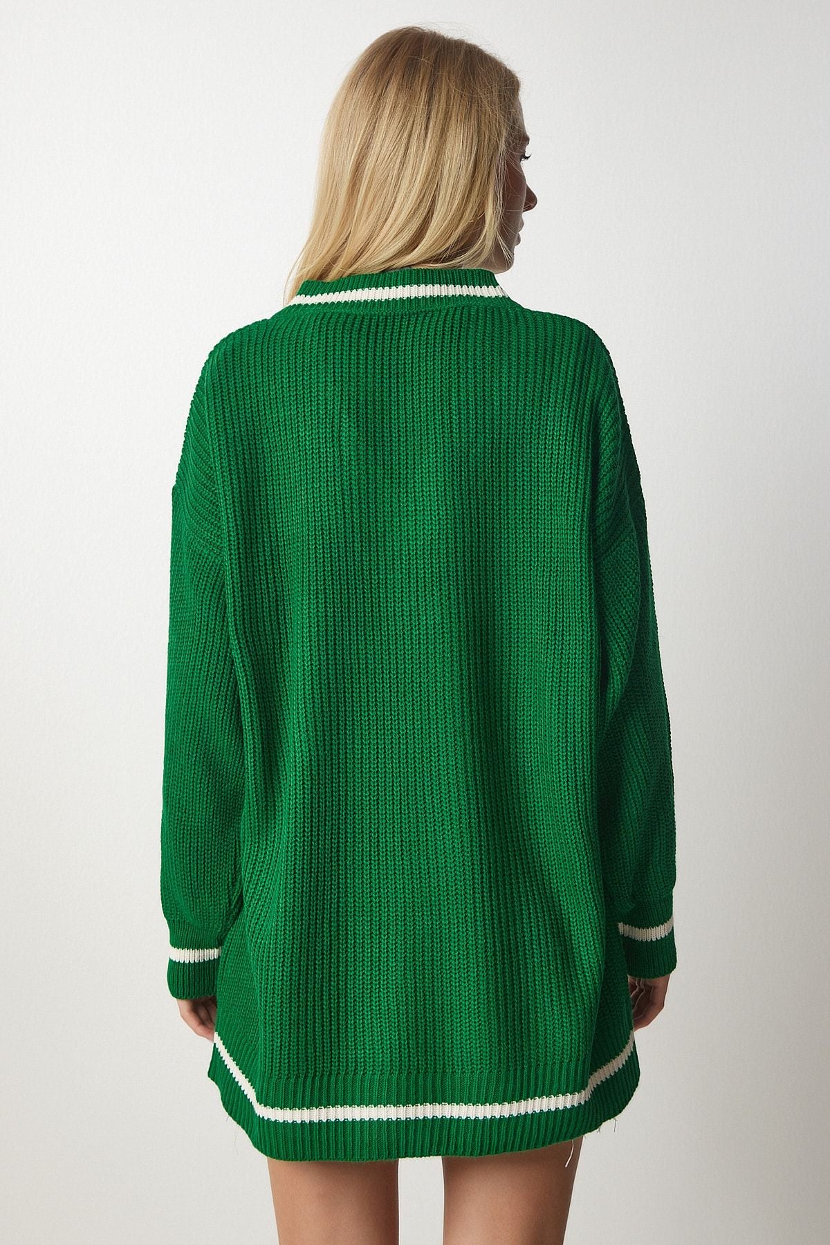 Woman Green V -Yaka Oversize Long Knitwear Sweater BP00140