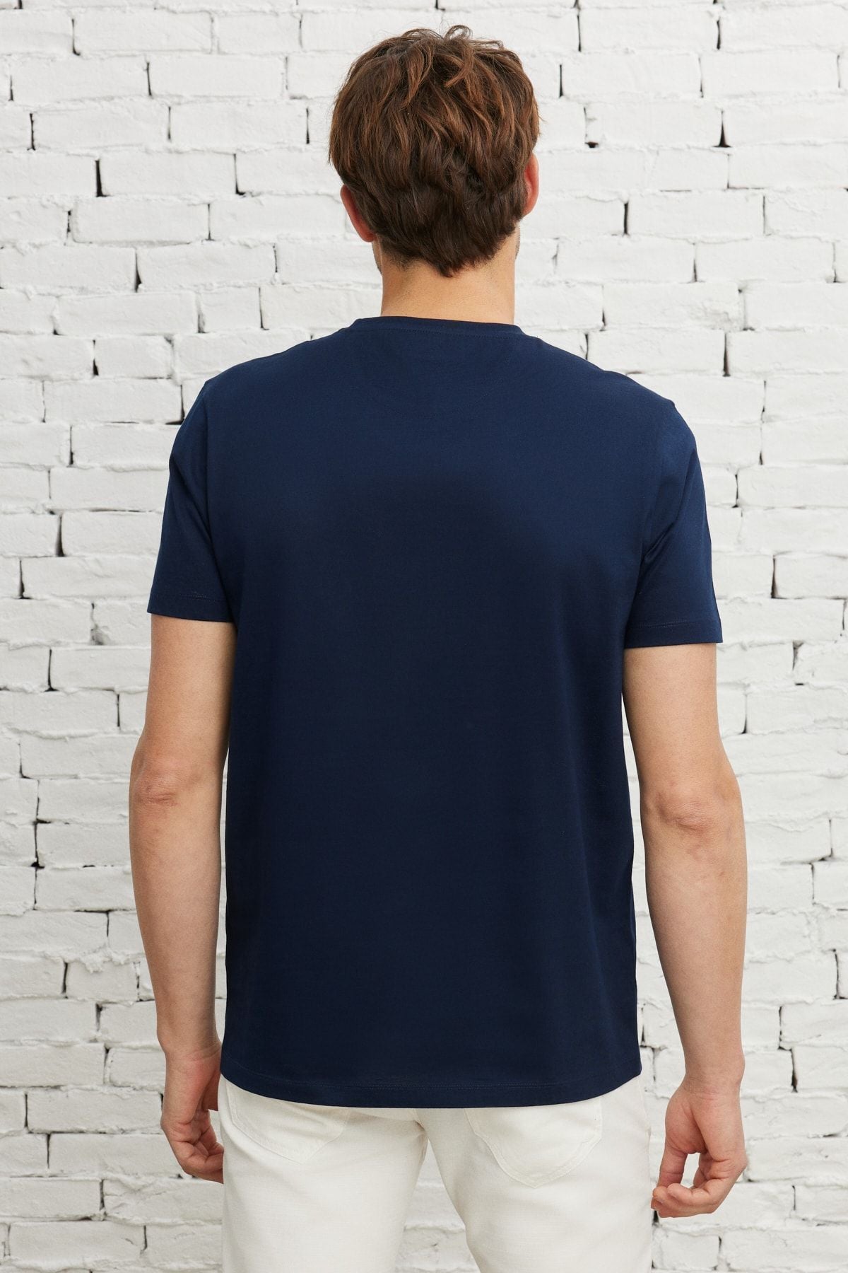 Men's navy blue slim fit narrow cut bike collar 100 %cotton T -shirt