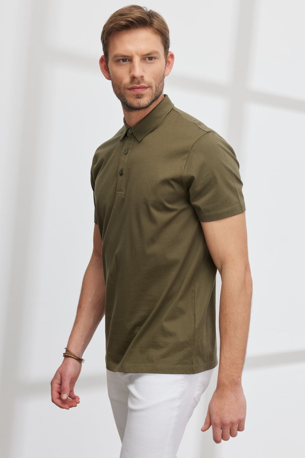 Men's Khaki Slim Fit Night Cut Polo Yaka 100 %Cotton T -shirt