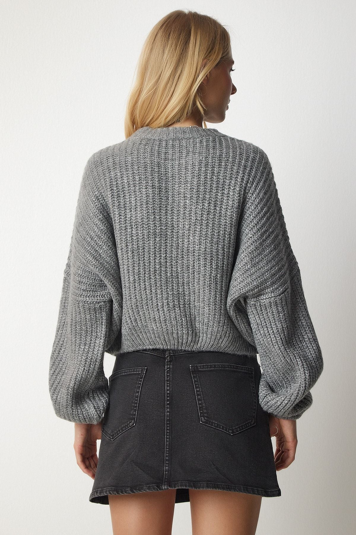Women's Gray Balloon Sleeze Basic Knitwear Kazakh BV00098