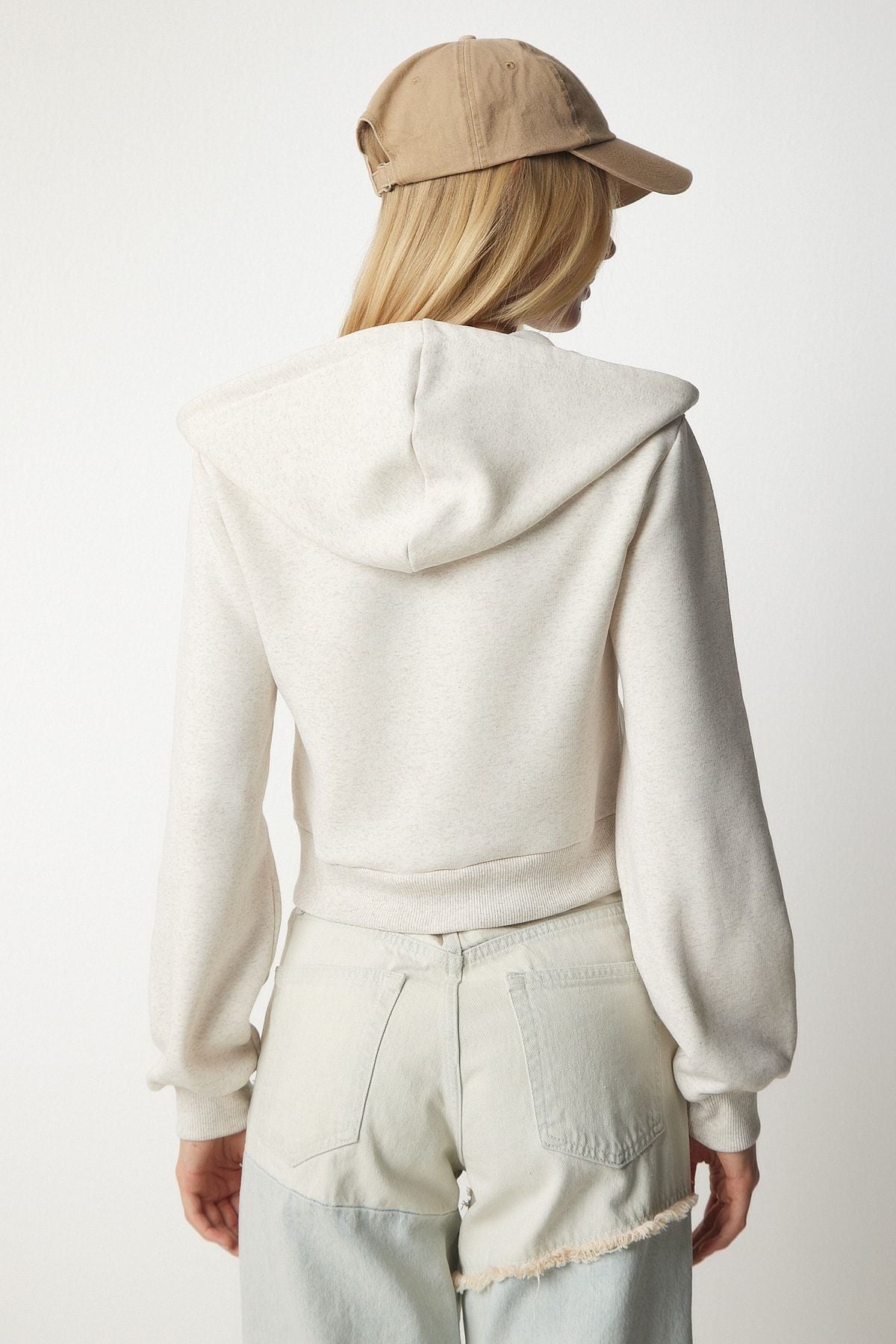 Female Beige Hooded Zipper Crop Sweatshirt UB00136