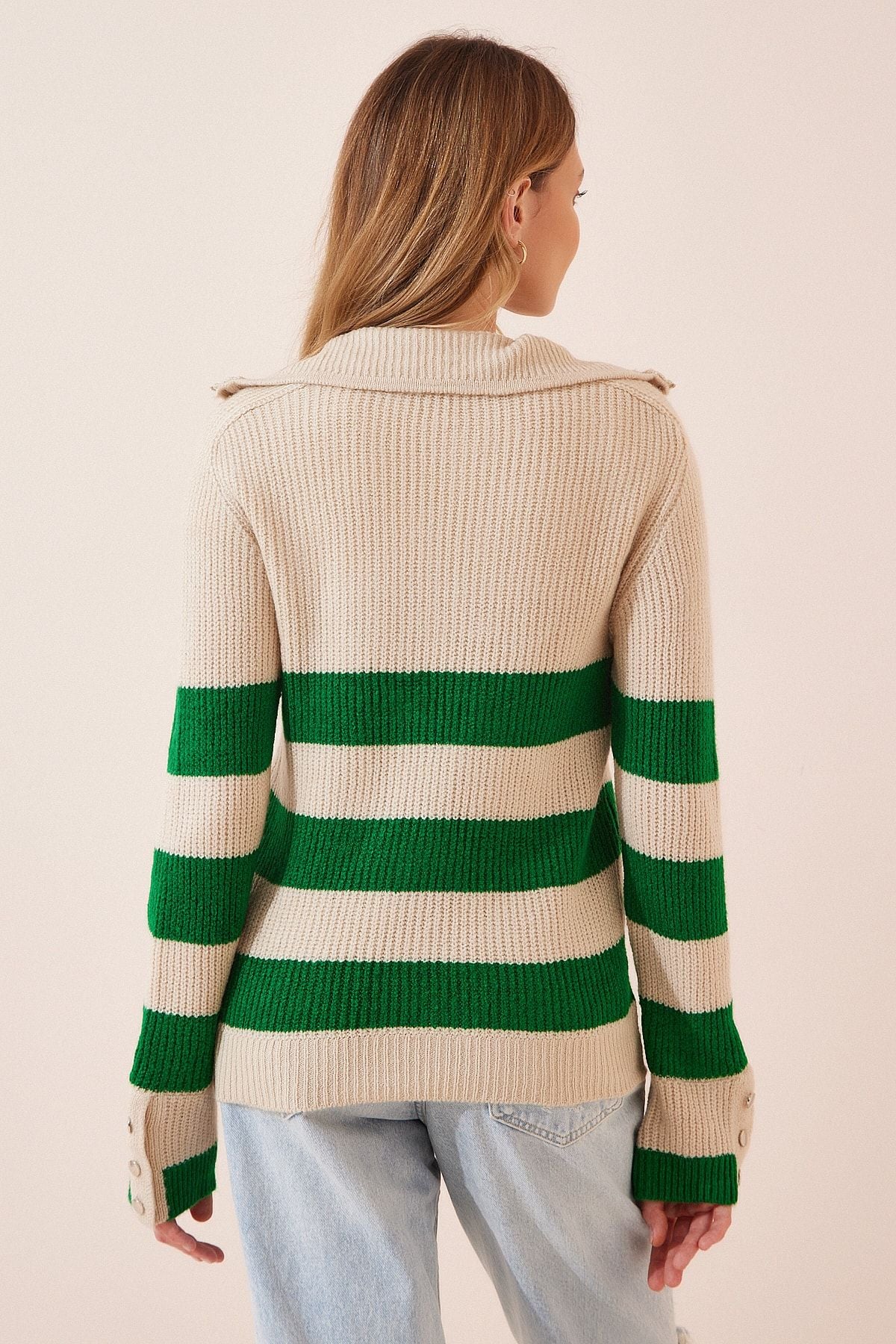 Women's Cream Green Zippered Fisherman Neckline Triko Sweater LX00042