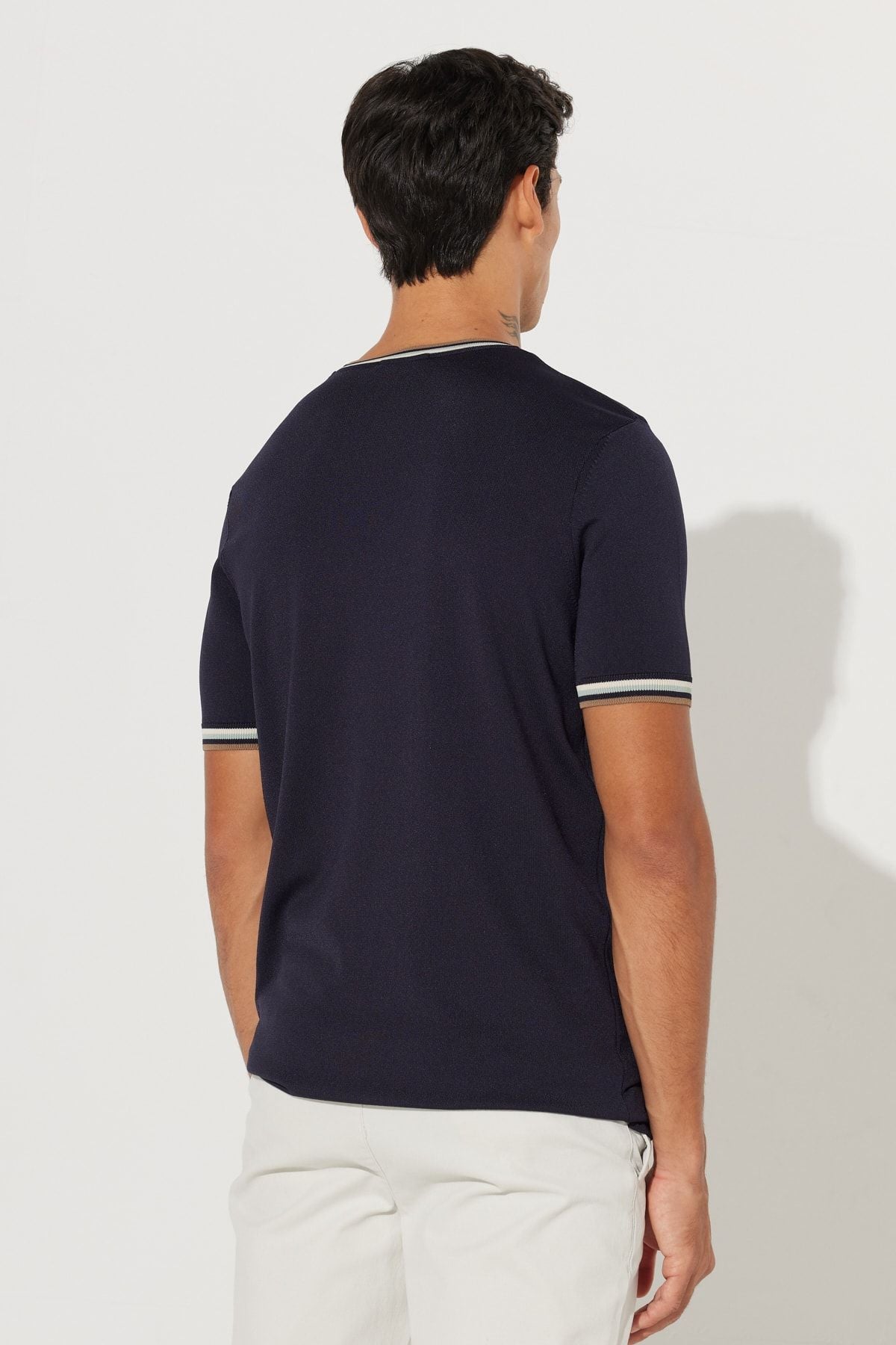 Men's navy blue standard fit normal cut bike collar 100 %cotton striped knitwear T -shirt