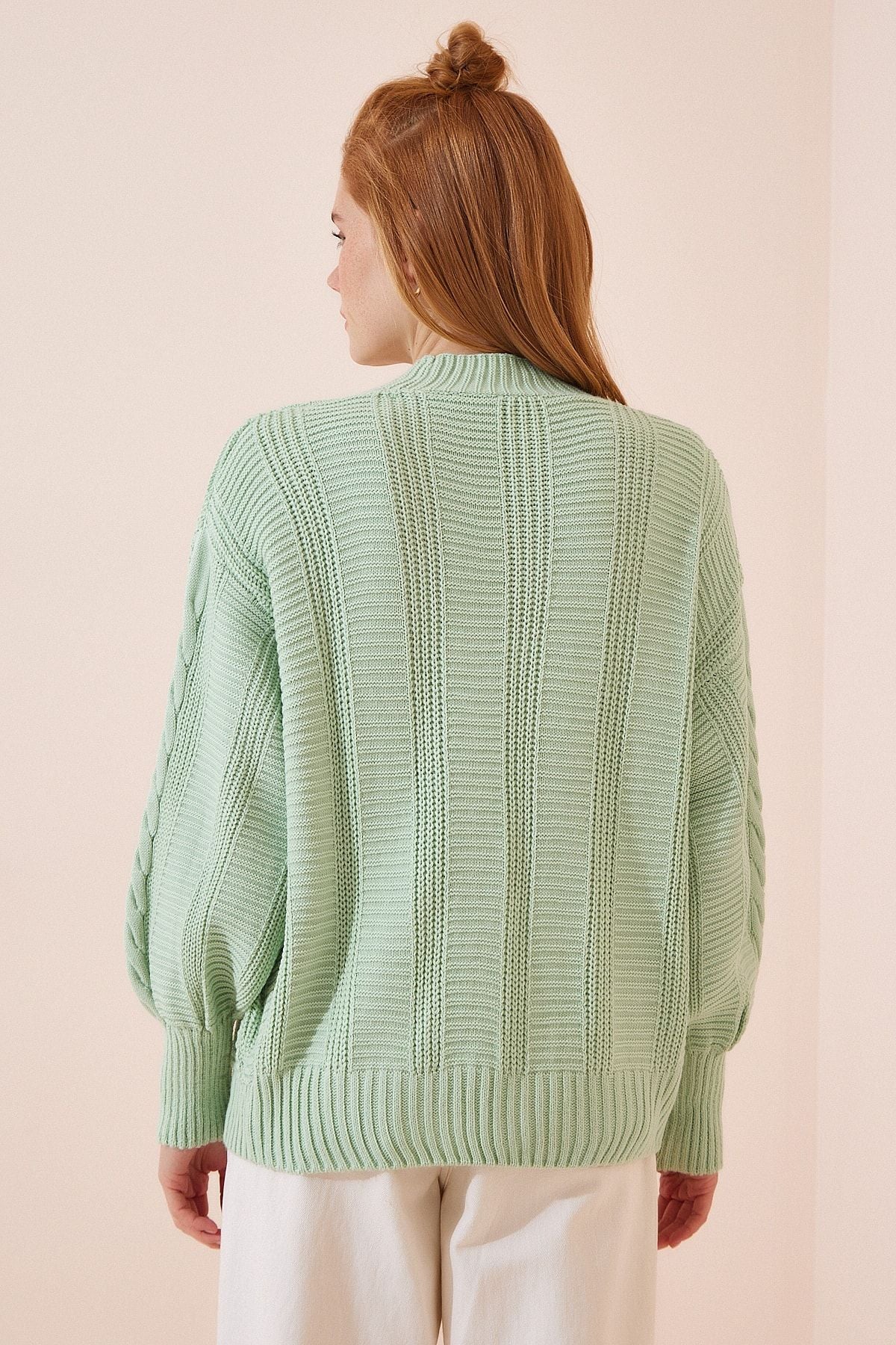 WOMEN'S WATER GREEN BRANNED BALLOAD BALL SLEEP SALAŞ knitwear cardigan za00039