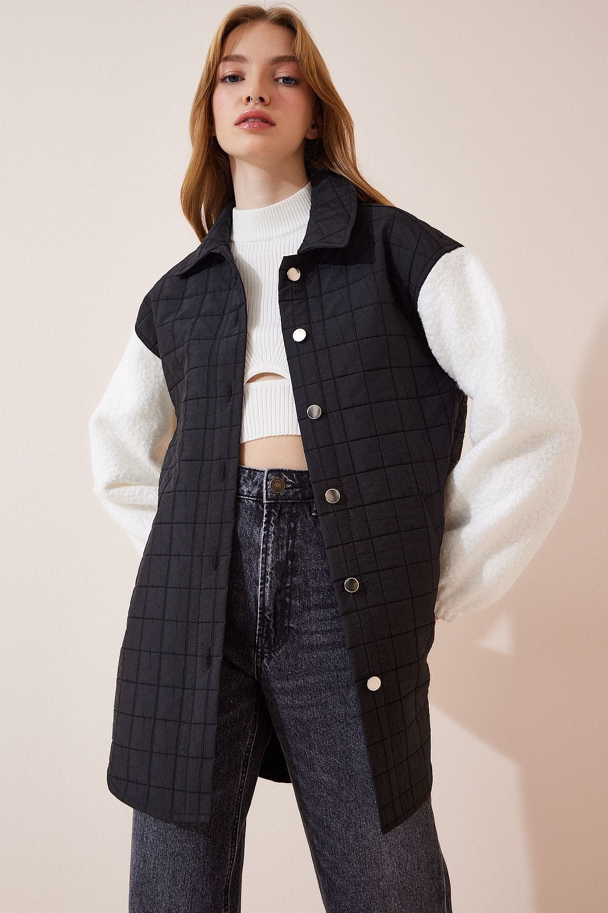 Female Black Polo Yaka Plush Arm Detail Jacket DD01146