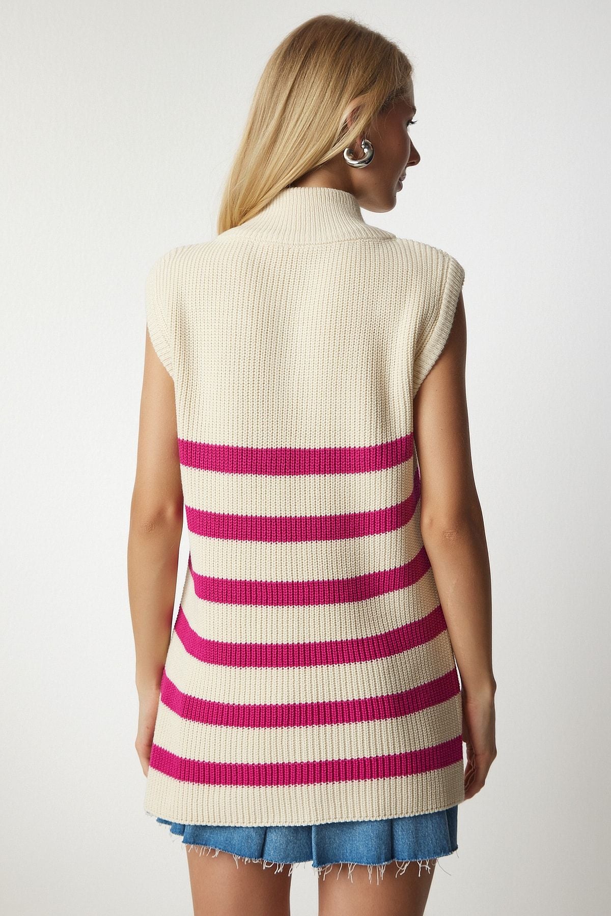 Women's cream pink zipper collar striped sweater MX00123