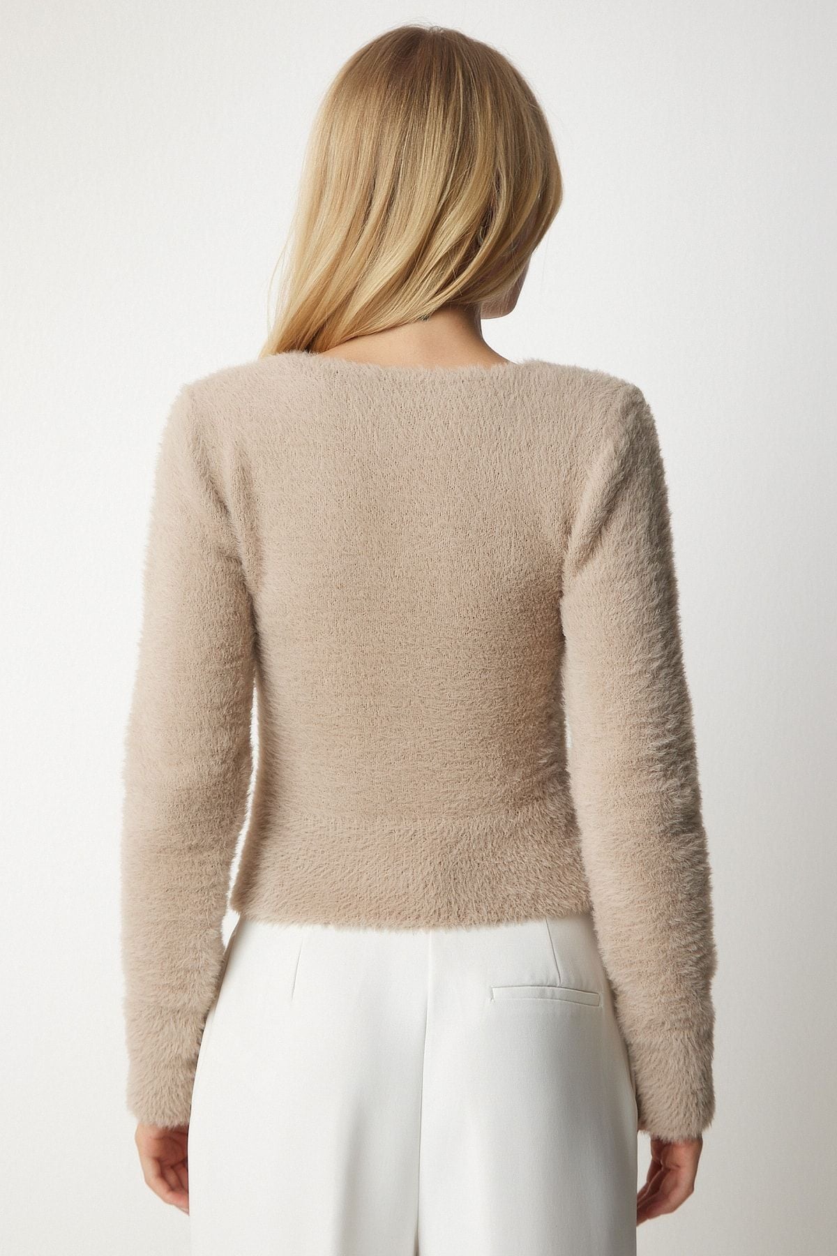 Female Beige V -Neck Beard Knitwear Sweater NF00072