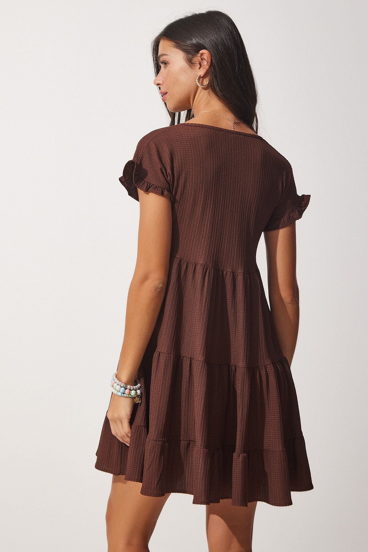 Woman Brown V -Neck Flash Summer Knitting Dress Dz00079