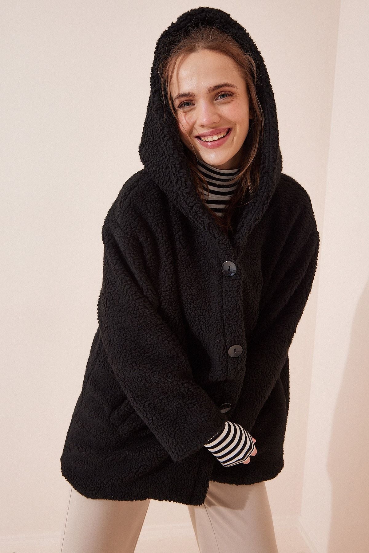 Female black hooded plush coat RV00087