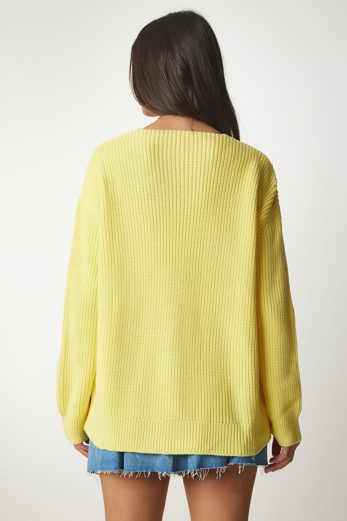 Woman Yellow V -Yaka Oversizle Basic Knitwear Kazakh MX00130