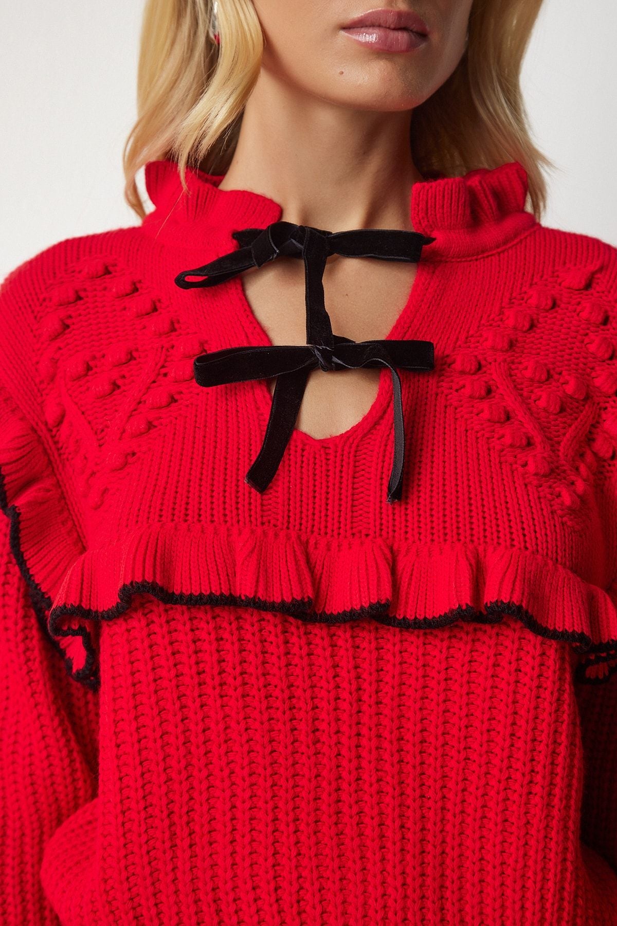 Woman Red Ruffle Bow Bow Triko Sweater MT00112