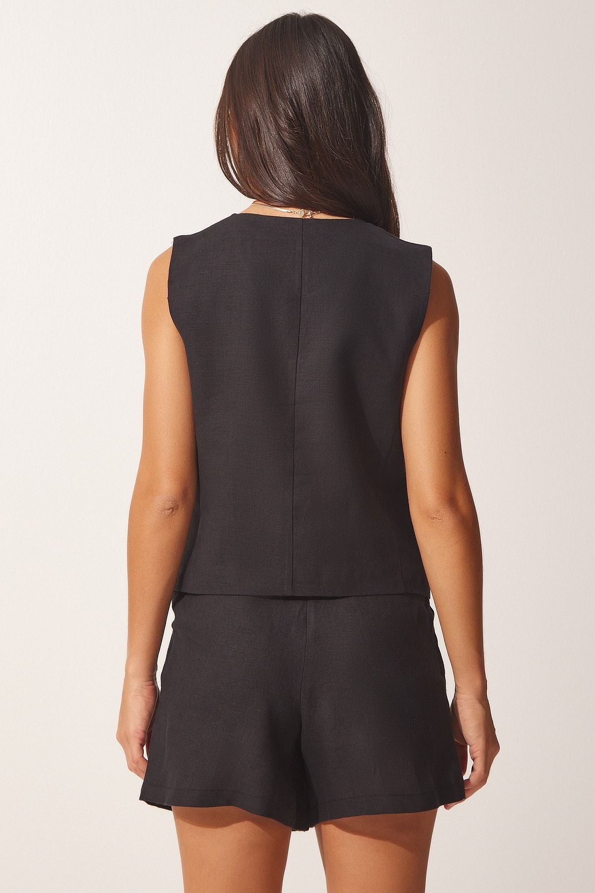 Woman Black Linen Surface Vest Shorts Set WF00043