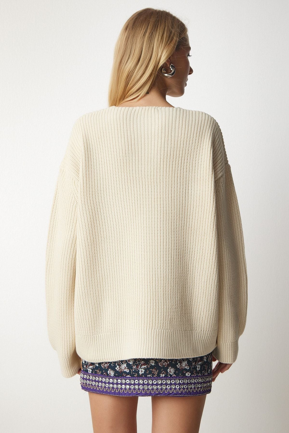 Women's Cream V -Yaka Oversizle Basic Knitwear Kazakh MX00130