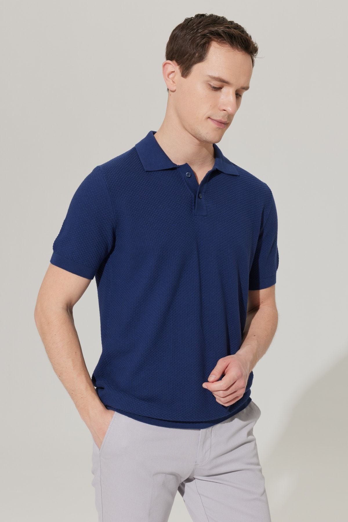 Men's Navy Blue Standard Fit Normal Cut Polo Yaka 100 %Cotton Short Sleeve Knitwear T -shirt