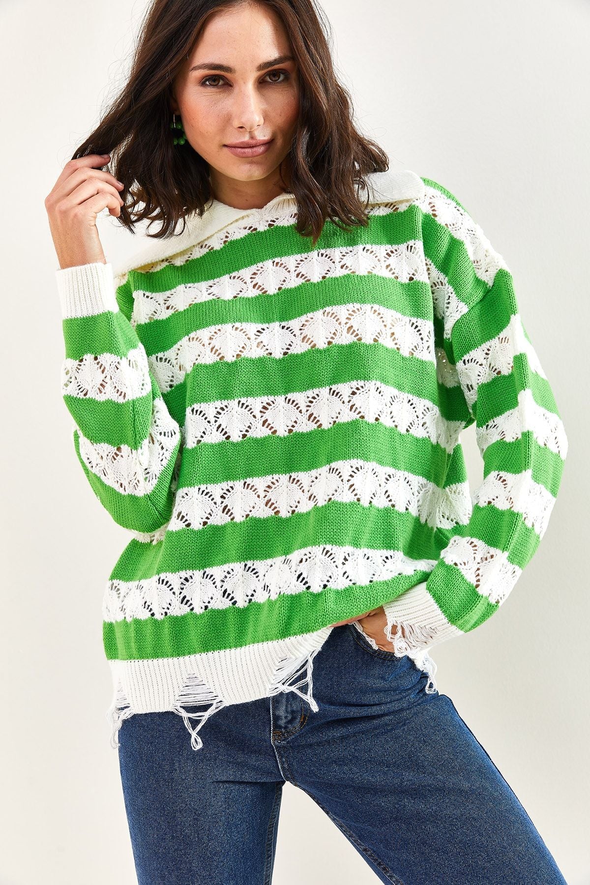 WOMEN'S Polo Yaka Torn Patterned Knitwear Sweater