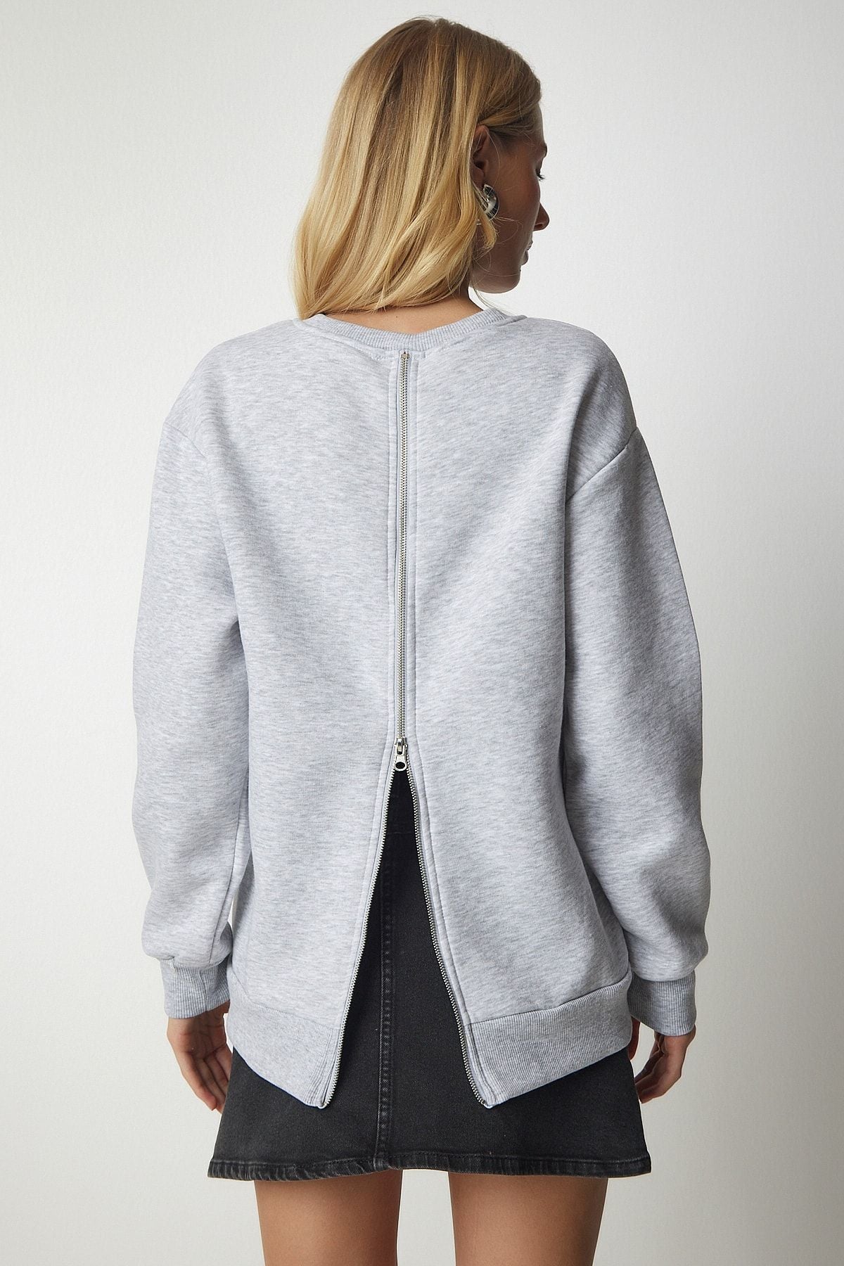 Women's gray behind zippery -rich knitting sweatshirt ub00146