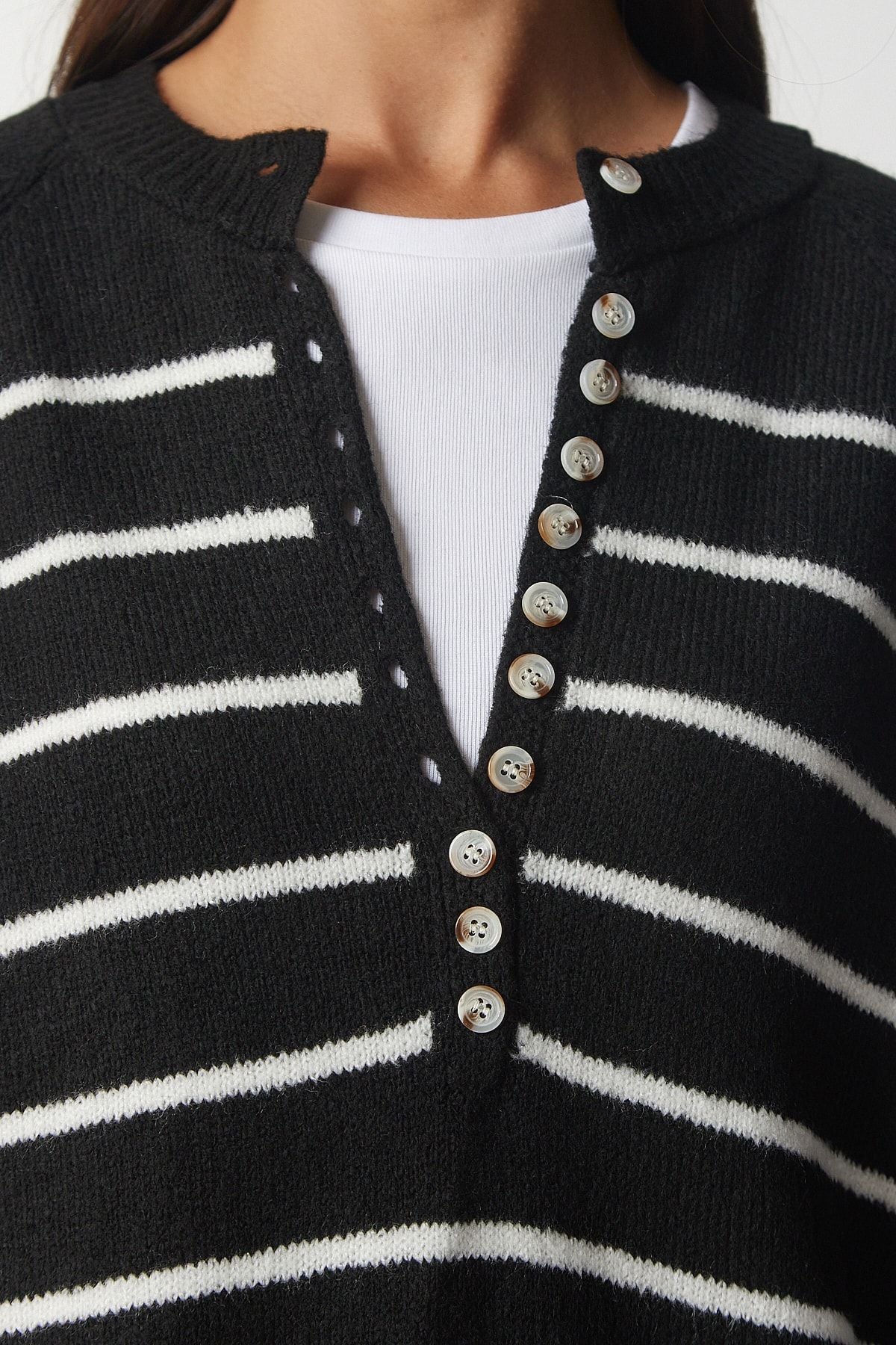 Female black button collar striped knitwear sweater LX00040