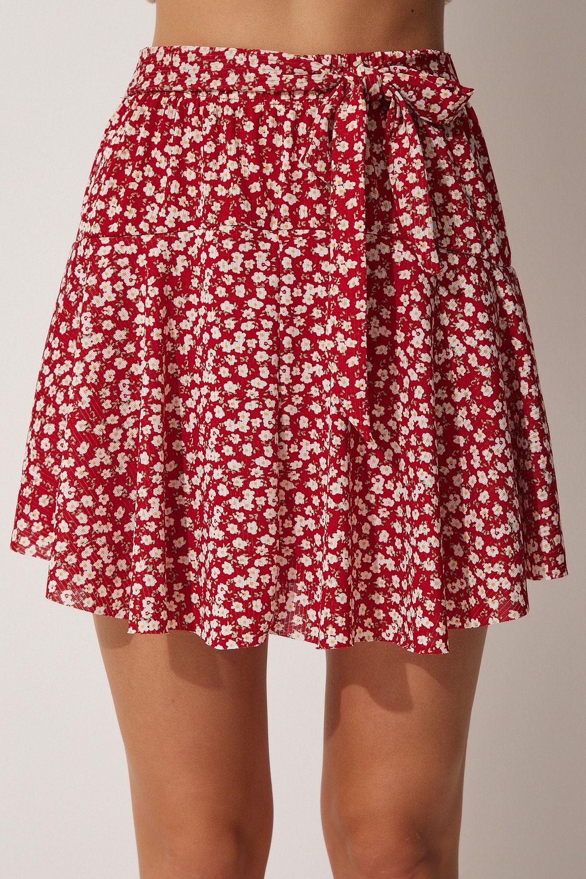 Woman Red Flower Patterned Mini Knitting Short Skirt CI00076