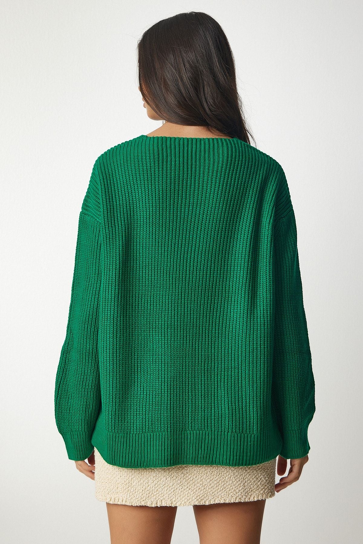 Kadın Koyu Yeşil V Yaka Oversize Basic Triko Kazak MX00130