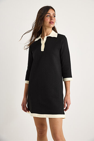 Women's Polo Collar Buttoned Ribbon Detailed Short Comfortable Knitwear Dress 20251042