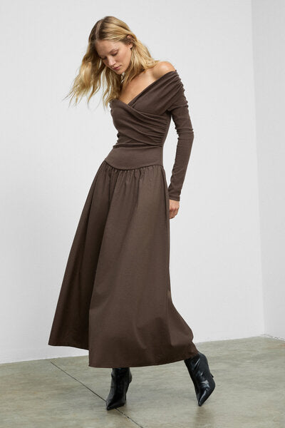 FRUENDO Women's Asymmetrical Collared Top with Stretchy Fabric Skirt Poplin Long Brown Dress