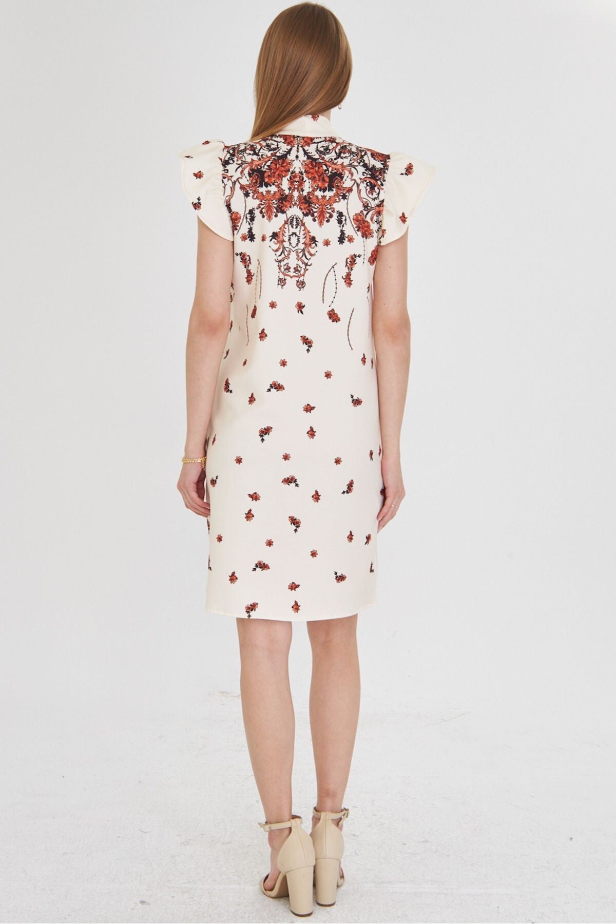 Women's Tile V-Neck Sleeves Frilly Tie Detailed Dress ARM-25Y001023