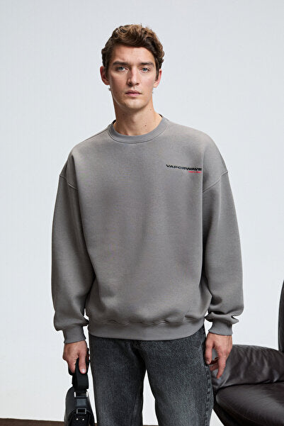 PERCY Men's Round Neck Chest Printed Back Printed Oversize Dark Gray Sweatshirt