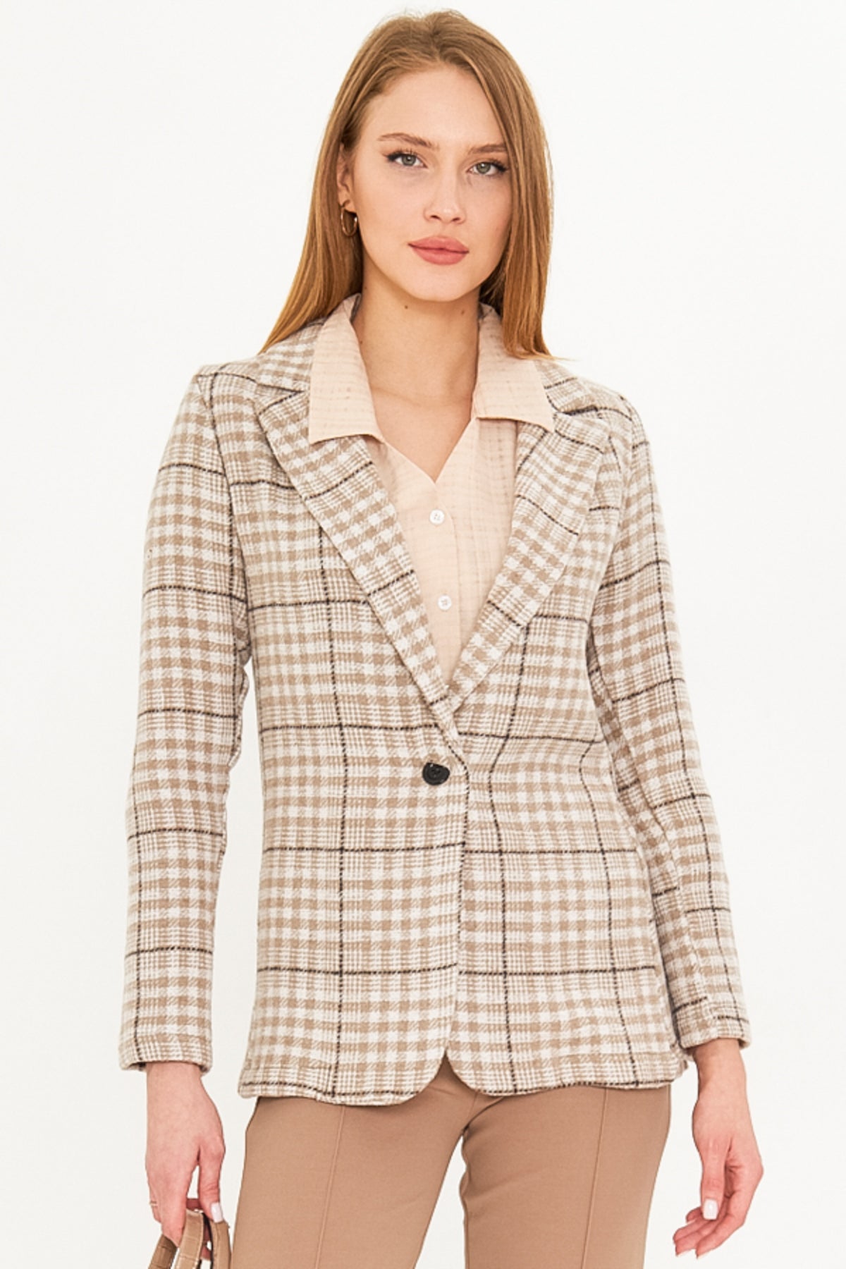 Women's Beige Plaid Pattern Single Button Stash Jacket ARM-25K001083