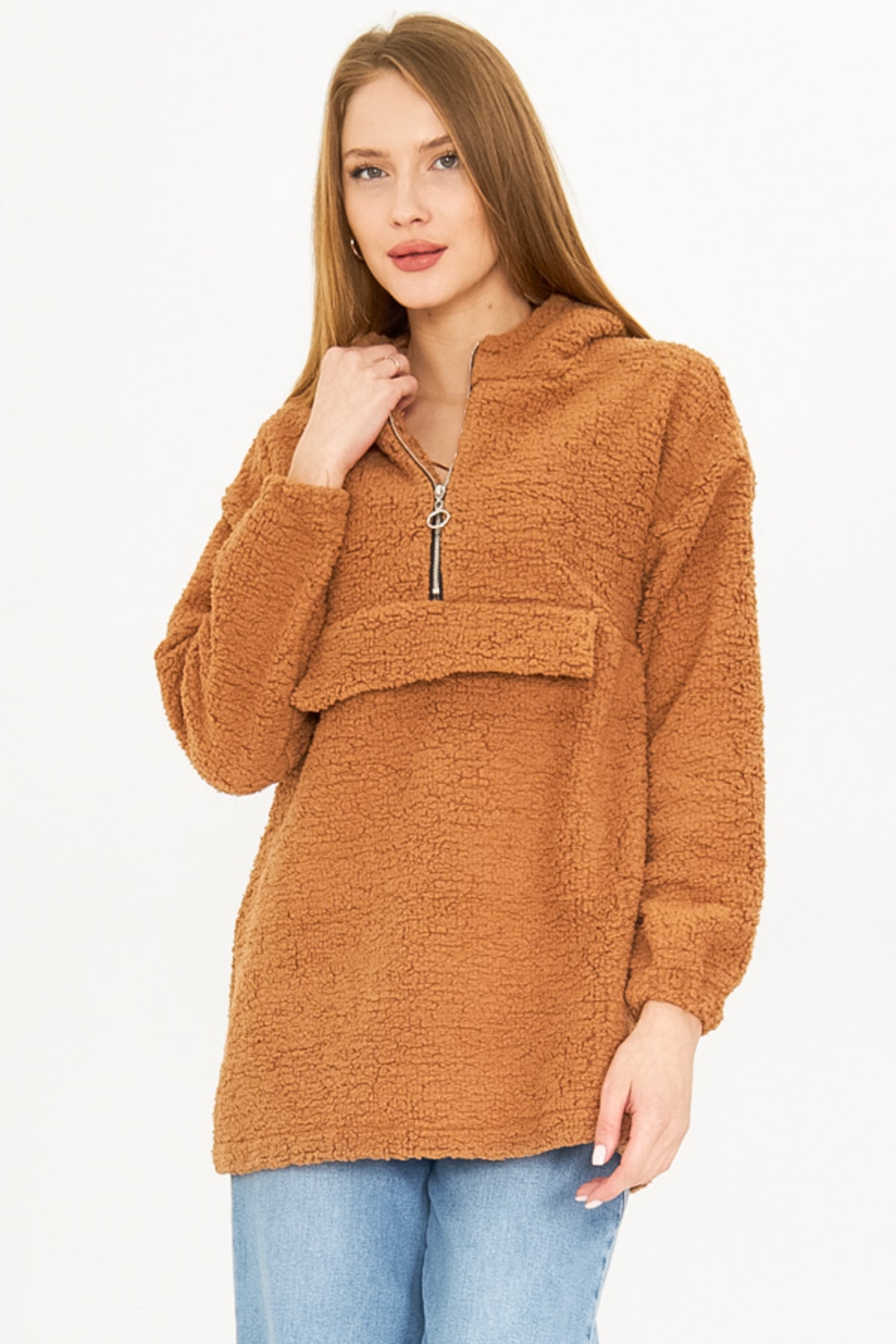 Women's Milk Coffee Hooded Plush Sweatshirt with Pocket Cover ARM-25K001090