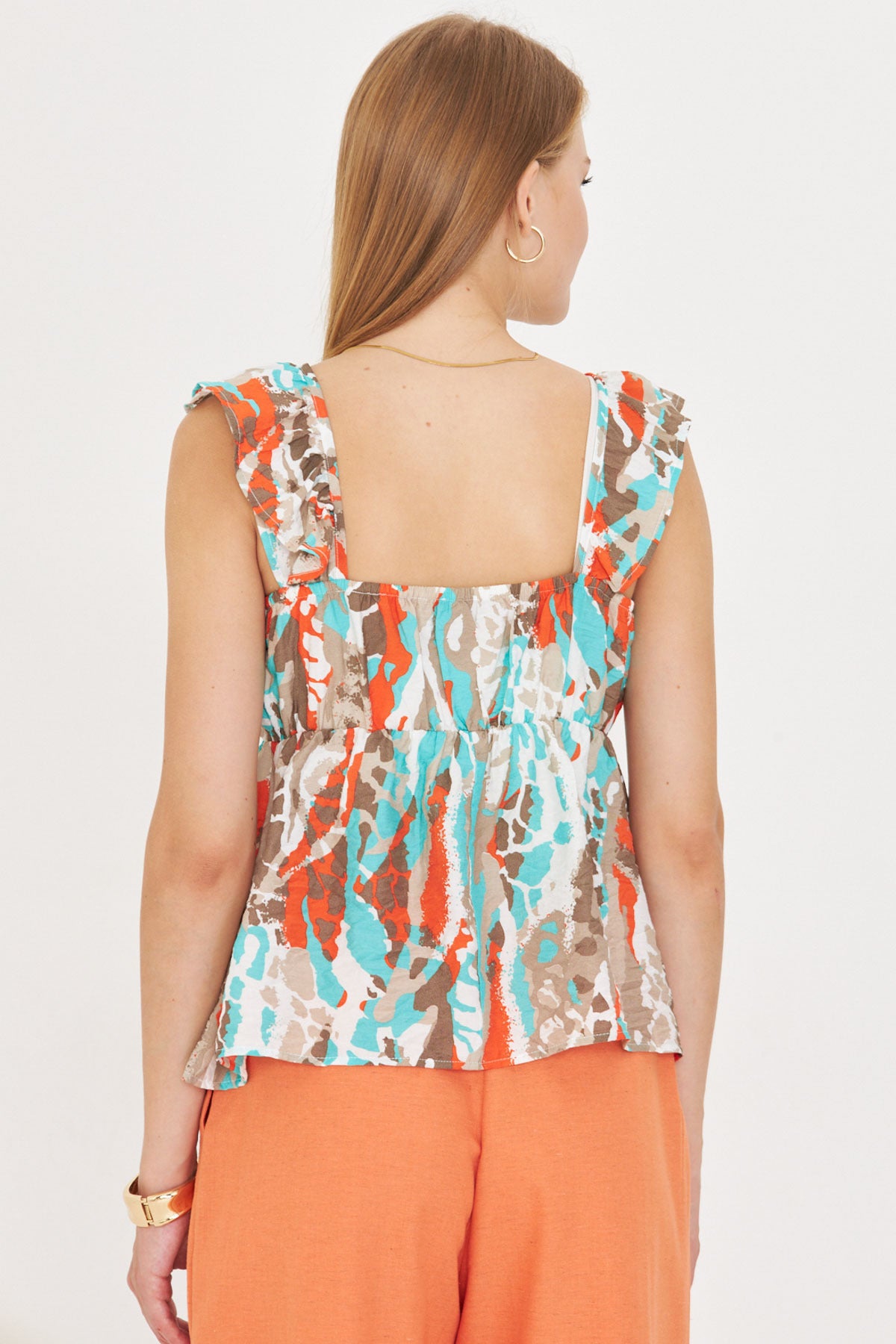 Women's Turquoise V-Neck Frilly Collared Elastic Waist Blouse ARM-25Y001076