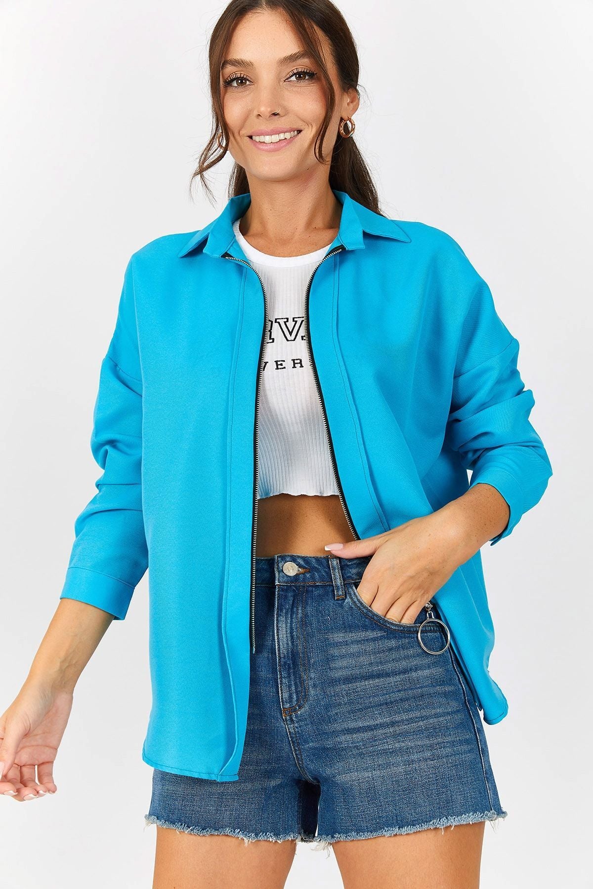 Women's Turquoise Front Zippered Casual Shirt ARM-21K024090