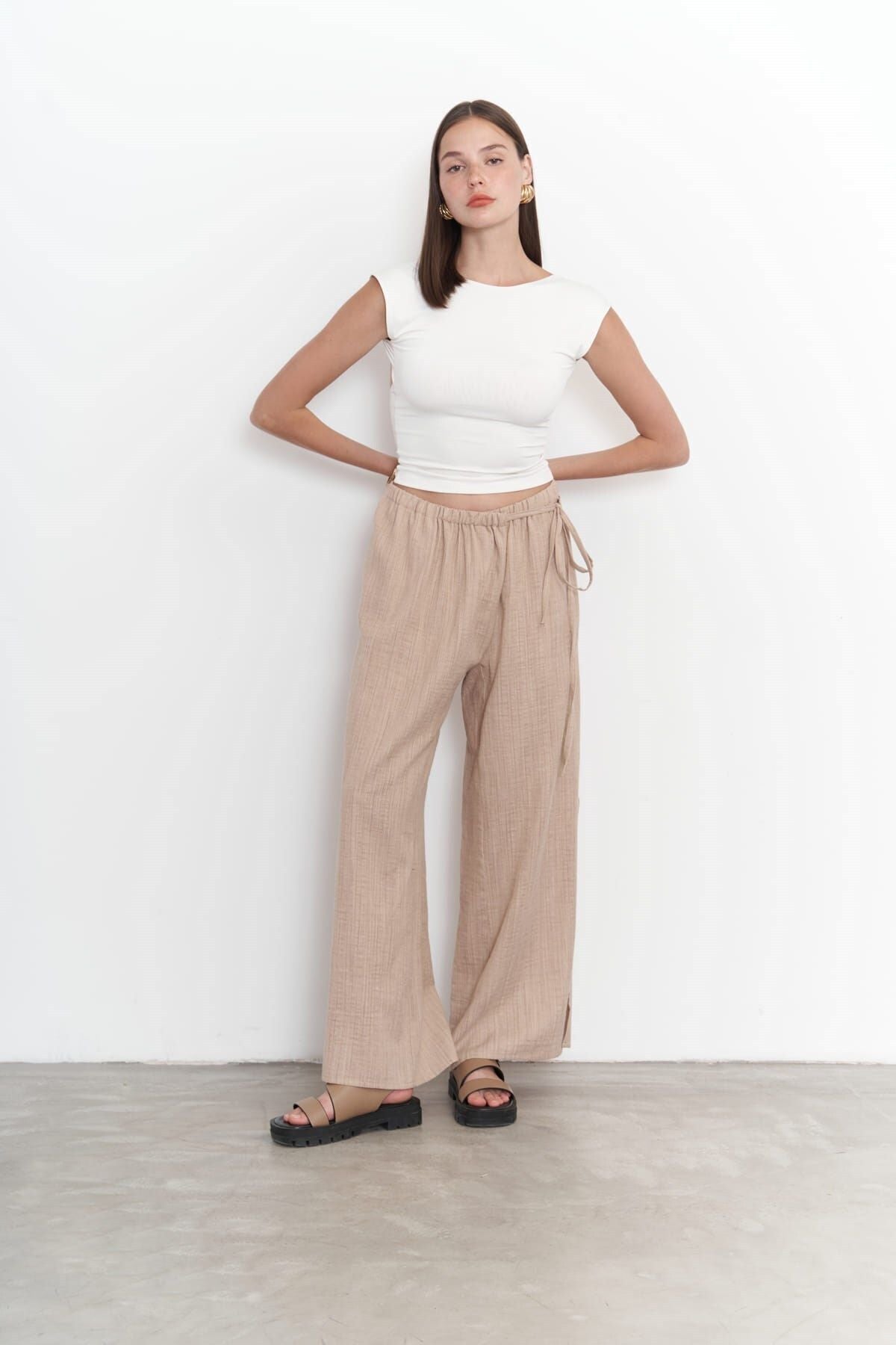 Harmony Side Tie Beige Trousers
