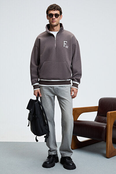 PLATA Men's Half Zipper Skirt with Kangaroo Pocket and Knitwear Detail on the Sleeve Relaxed Fit Smoked Sweatshirt