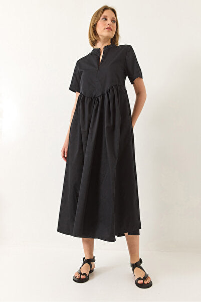 Women's Zipper Collar Pocket Detailed Short Sleeve Poplin Long Dress 60283189