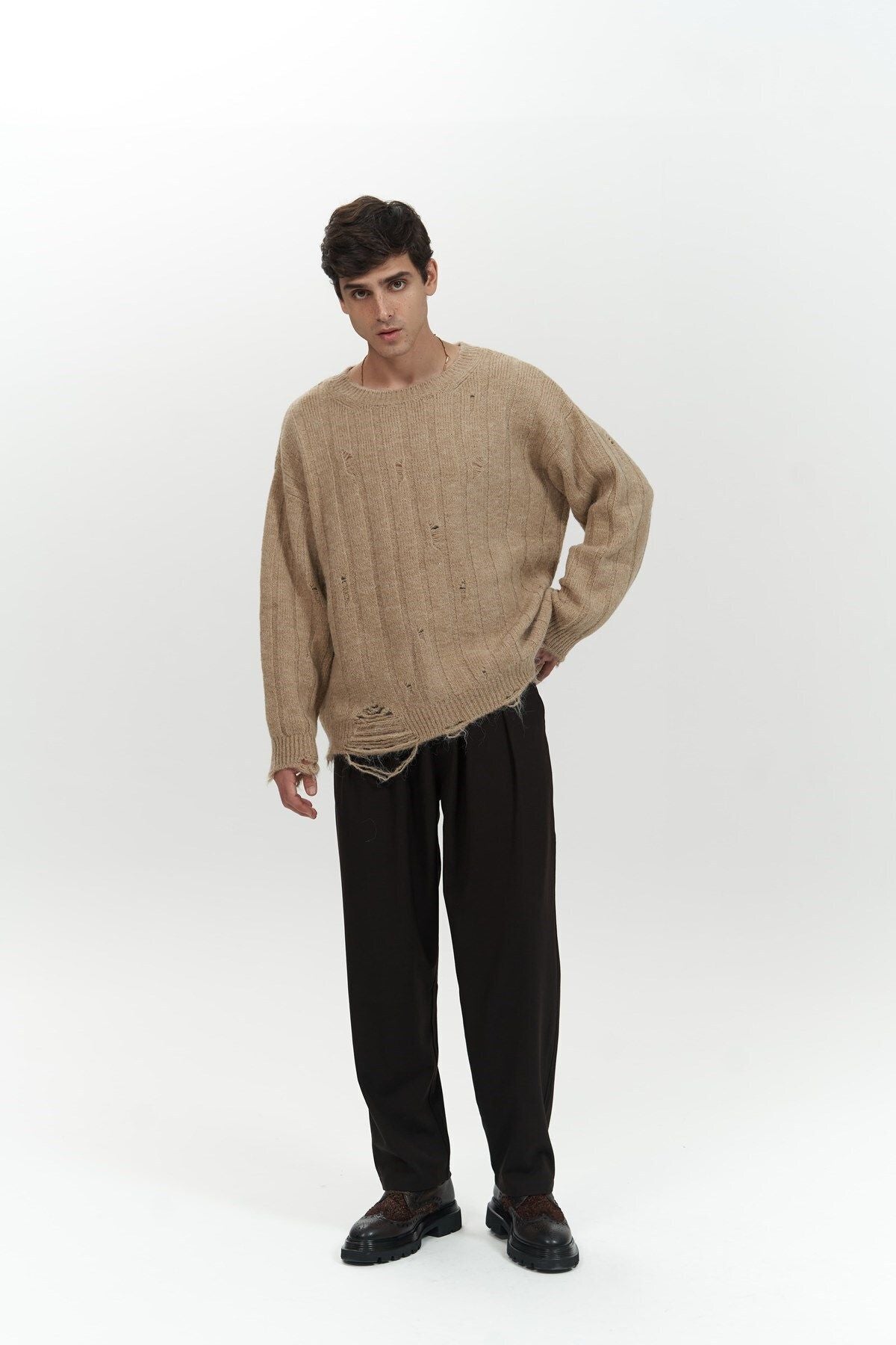 Vincent Ripped Detail Mink Men's Knitwear Sweater
