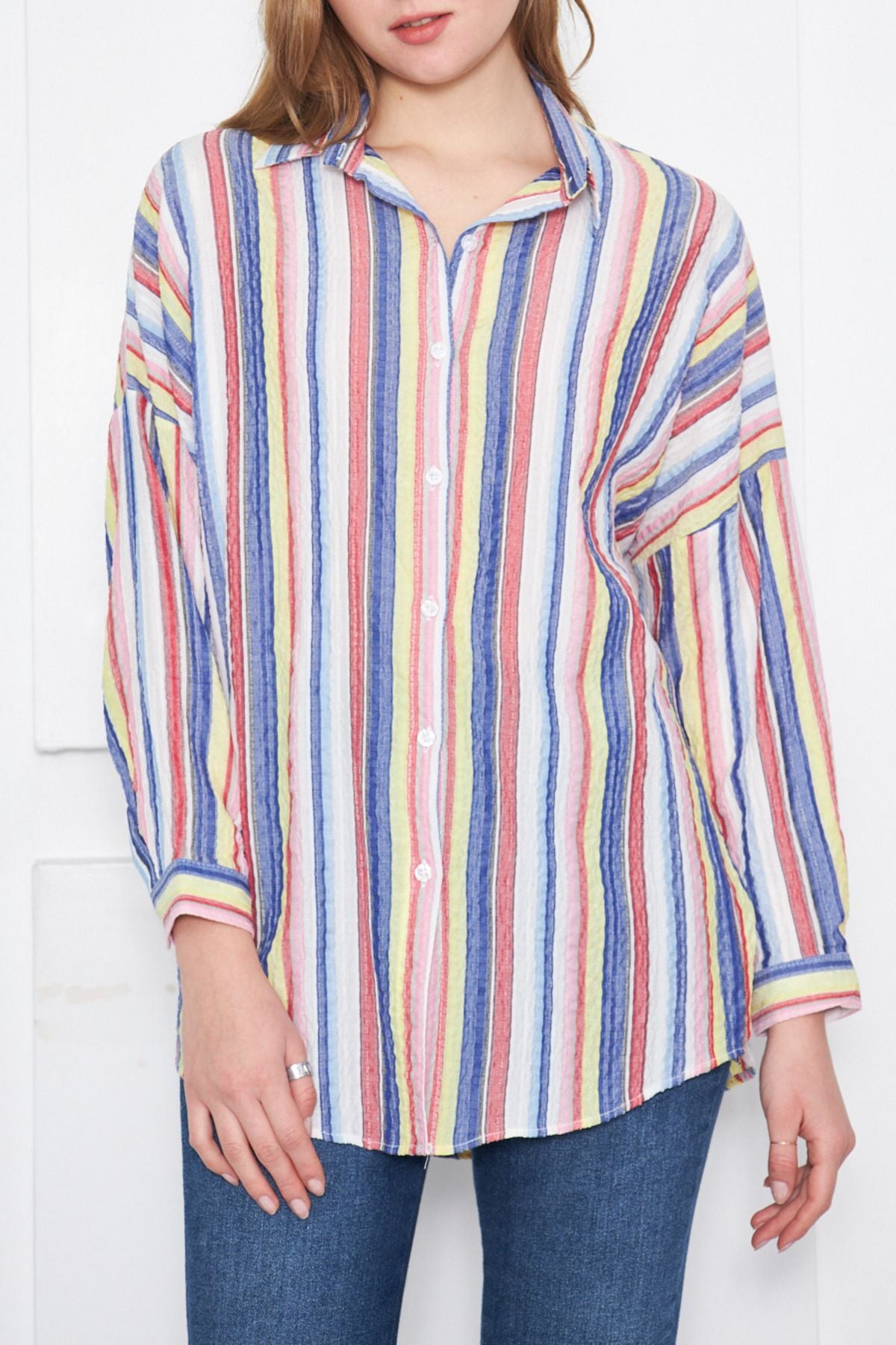 Women's Yellow Striped Oversize Long Basic Shirt ARM-24K001061