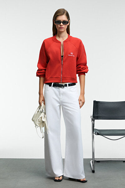 YASVELL Women's Metal Zipper Double Pocket Embroidery Detailed Balloon Sleeve Bomber Red Jacket