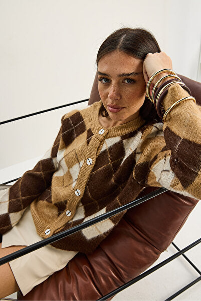 Women's Diamond Patterned Crew Neck Jacquard Cardigan 4922 60283759