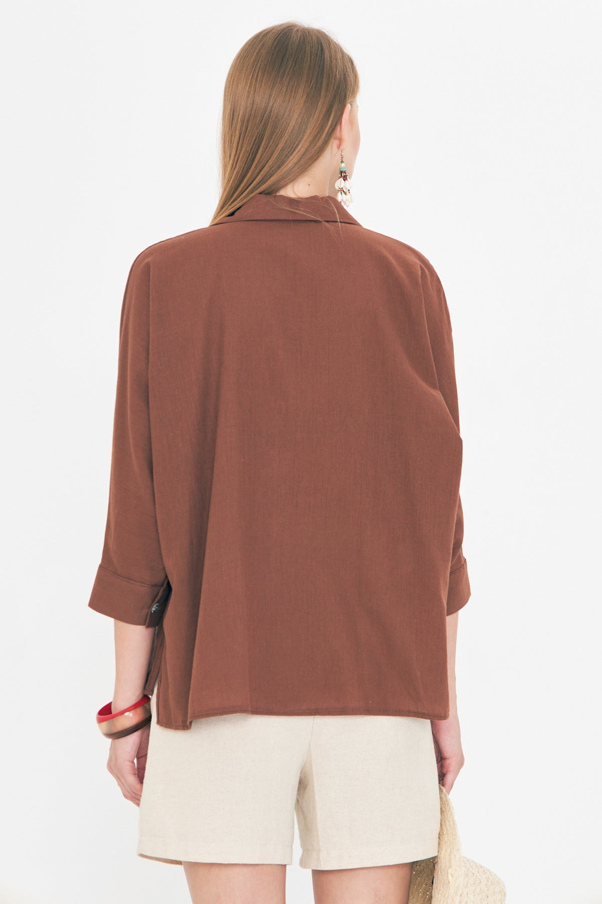 Women's Dark Brown Loose Linen Shirt with Pockets ARM-21Y001035