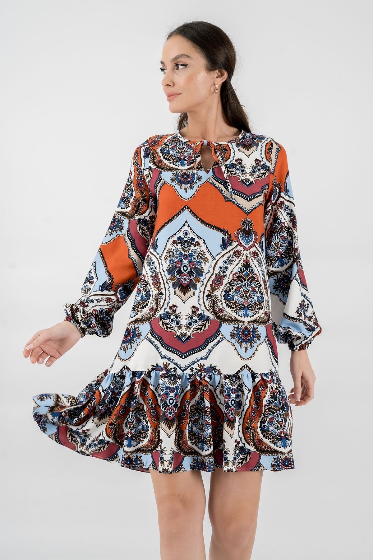 Women's Baby Blue Patterned Long Sleeve Dress with Tie-Up Collar and Ruffle Skirt ARM-24Y001003