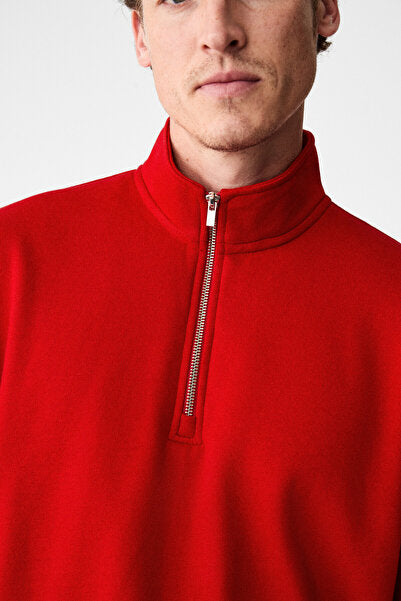 VELVETY Men's Cotton Fleece Inside Stand-up Collar Zippered Long Sleeve Regular Fit Red Sweatshirt